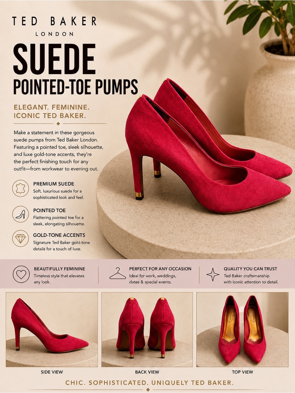 Ted Baker Savio Red Pink Suede Pointed Toe Pumps Gold Heel Size 6.5